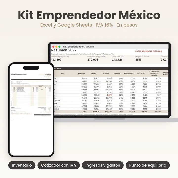 Kit Emprendedor México en Excel: resumen, cotizador con IVA e inventario