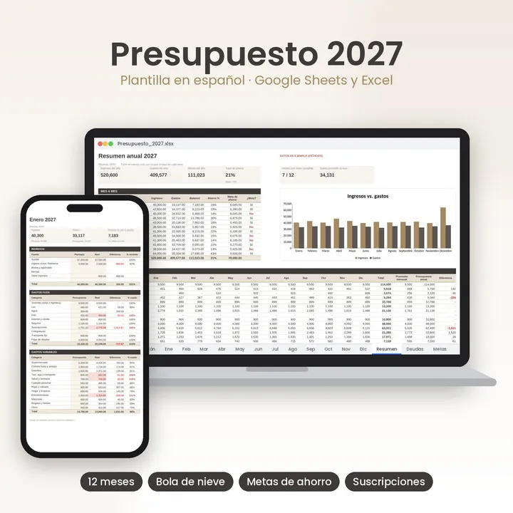 Plantilla Presupuesto 2027 en Excel: resumen anual y mes de enero